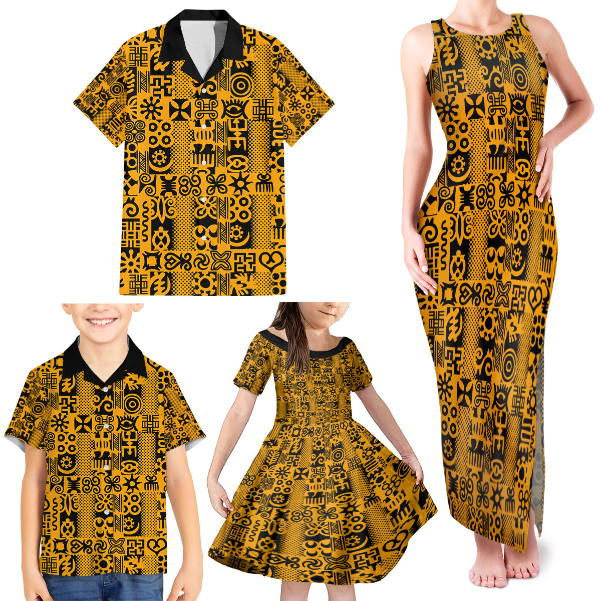 Culture Adinkra Family Matching Tank Maxi Dress and Hawaiian Shirt West African Yellow Art - Wonder Print Shop