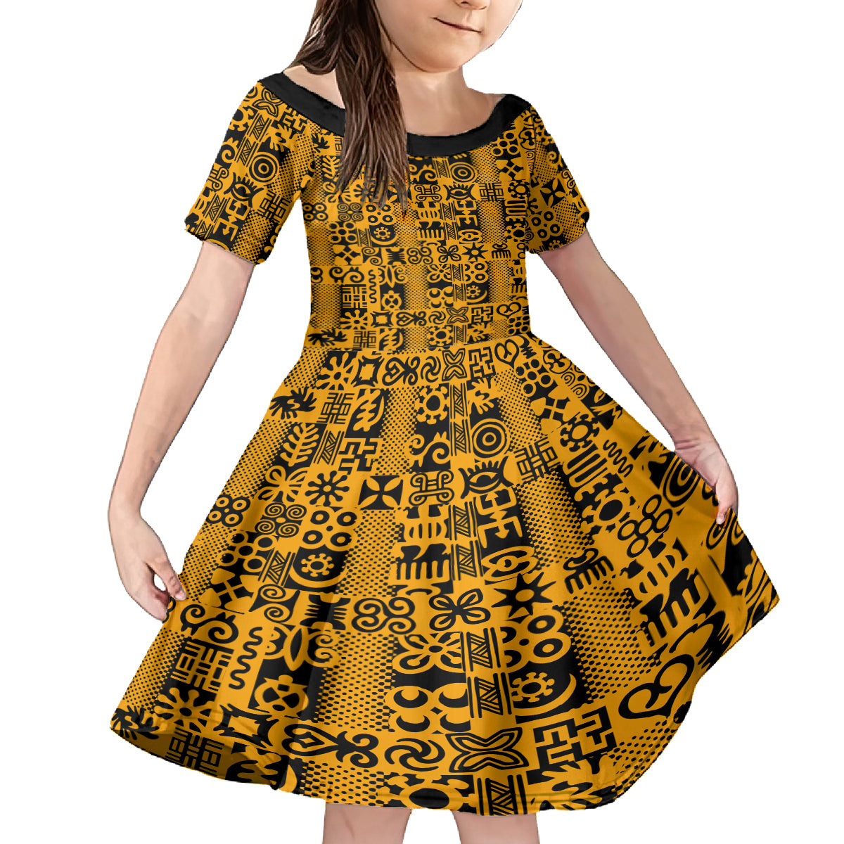 Culture Adinkra Kid Short Sleeve Dress West African Yellow Art - Wonder Print Shop