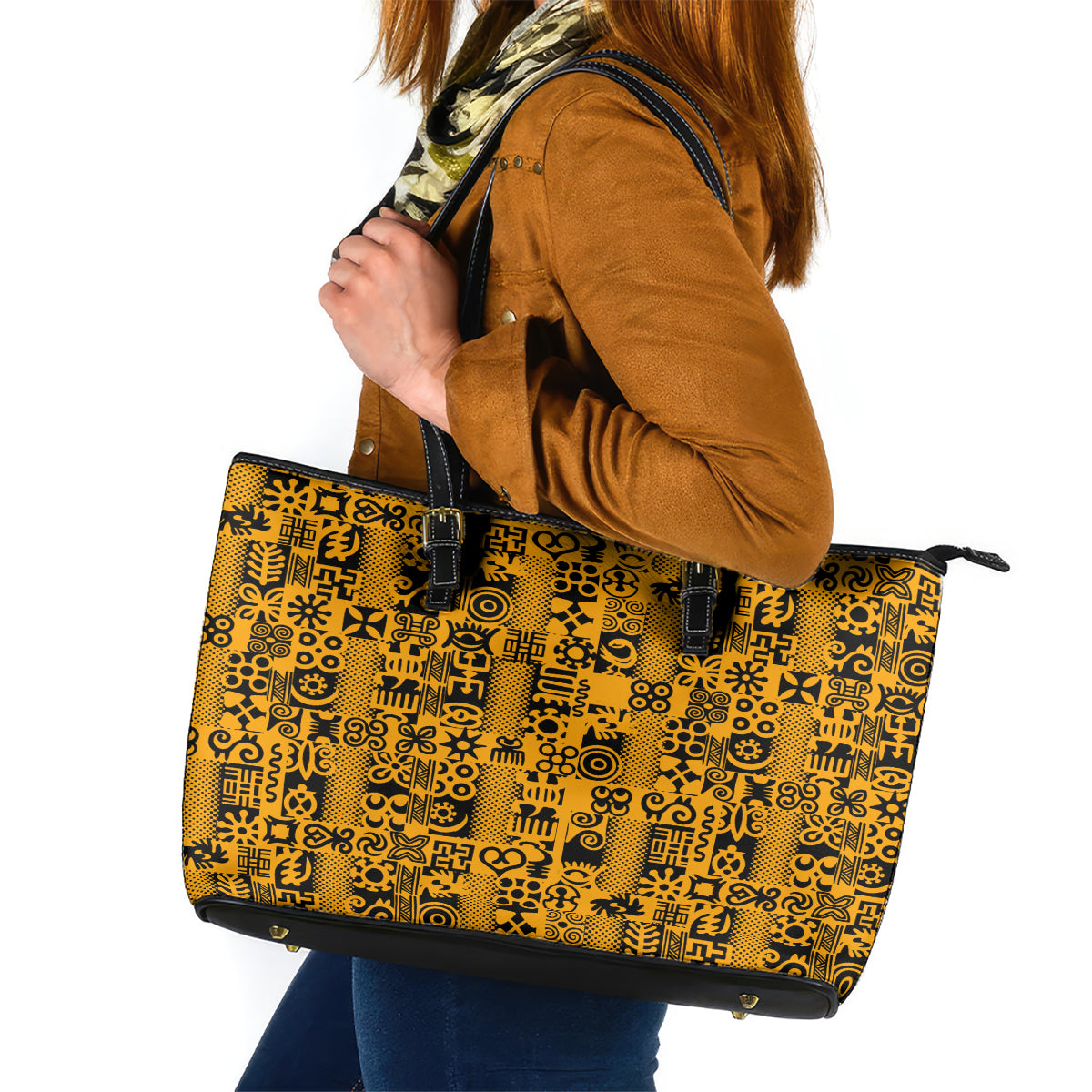 Culture Adinkra Leather Tote Bag West African Yellow Art - Wonder Print Shop