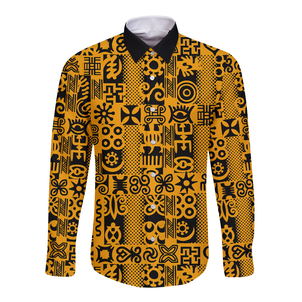 Yellow long-sleeve button shirt with black Adinkra-style pattern and pointed collar