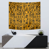 Yellow fabric wall tapestry with black Adinkra motif pattern and ornate shapes