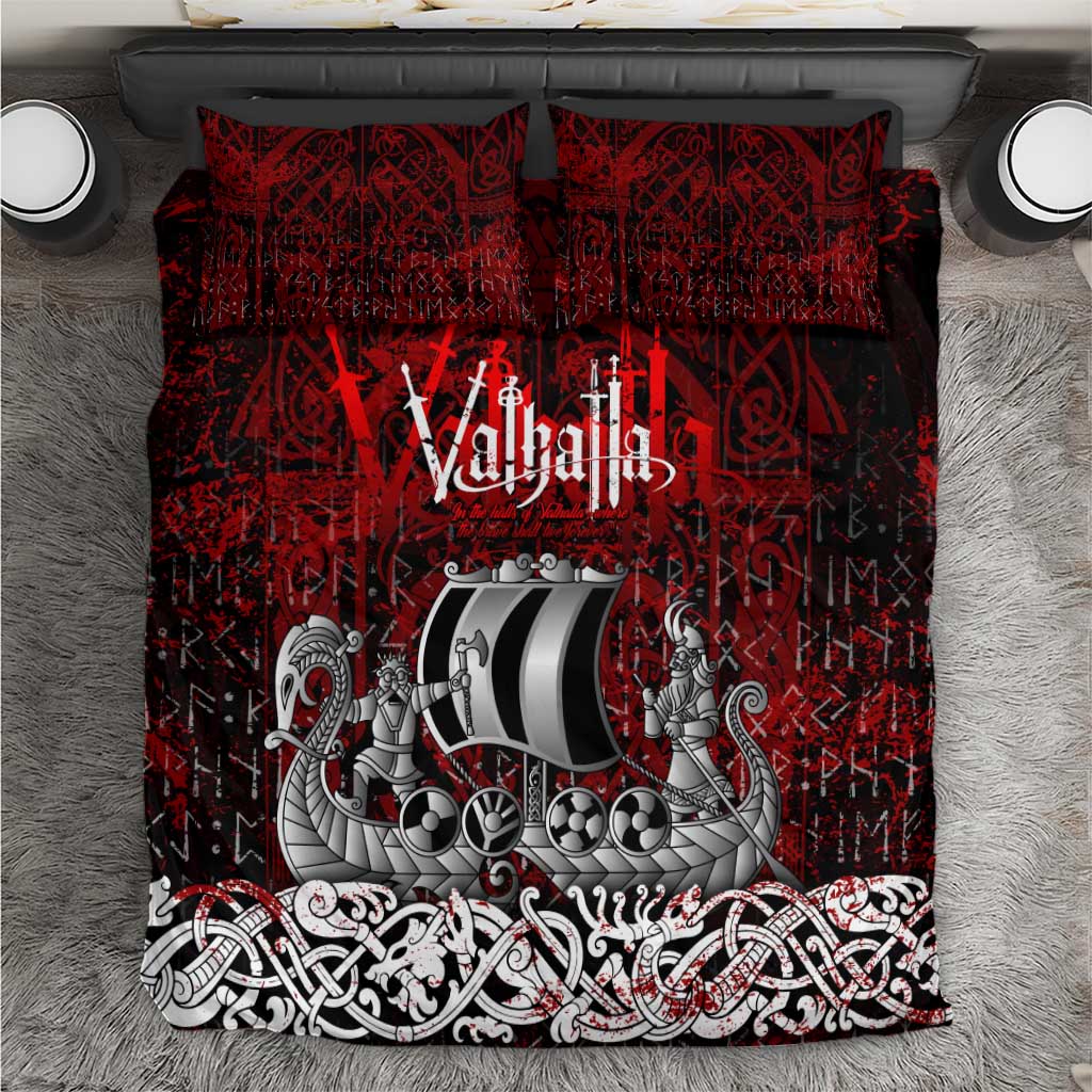 Blood Flows to Valhalla Bedding Set Viking Longship Nordic Knotwork - Dark Mythology