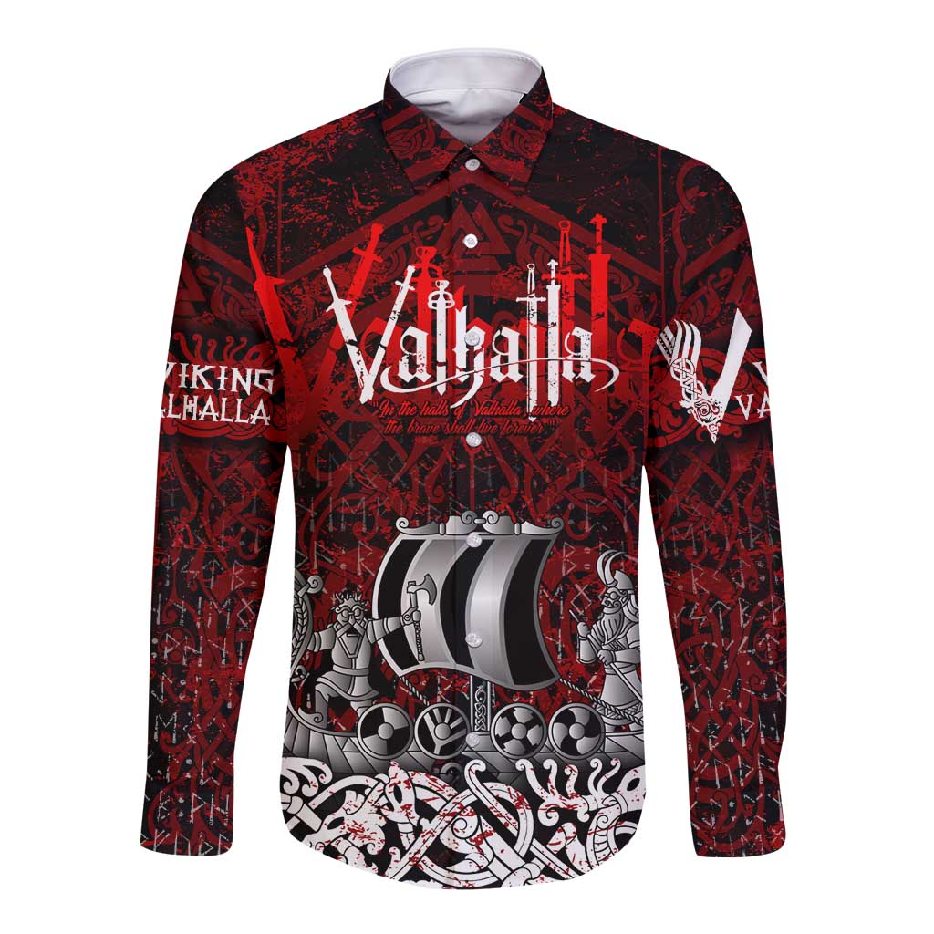 Blood Flows to Valhalla Long Sleeve Button Shirt Viking Longship Nordic Knotwork - Dark Mythology