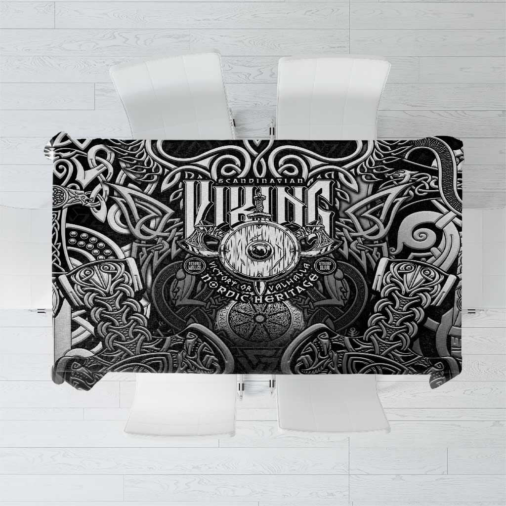 Black Norse warrior tablecloth with central helmet and battle axe emblem in gray