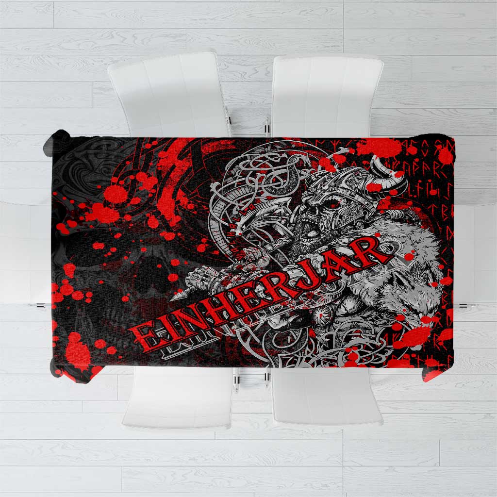 Red and black Viking warrior graphic tablecloth with bold rune-style lettering