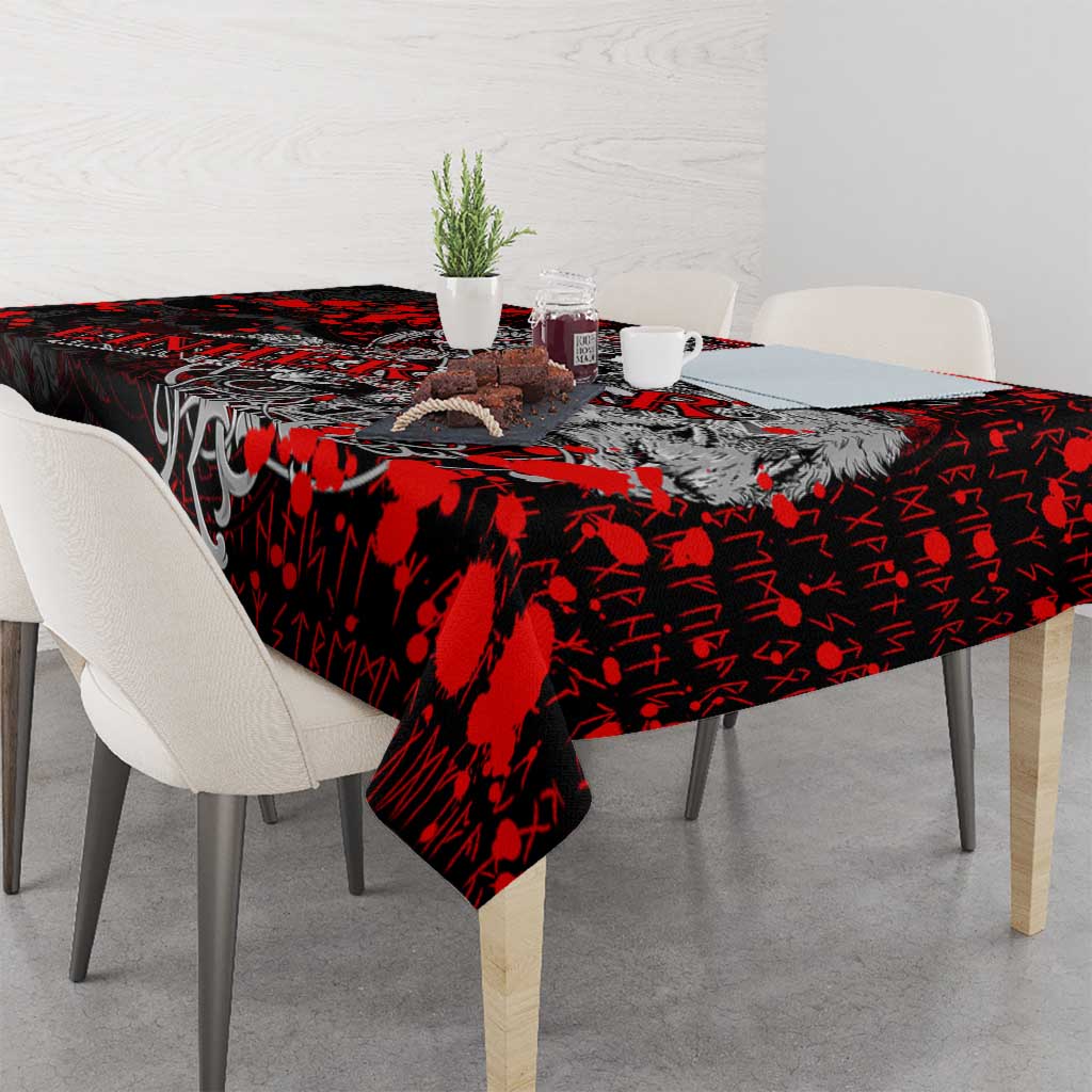 Red and black Viking warrior tablecloth covering a table with hanging edges