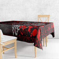 Red and black Viking warrior tablecloth with patterned border and draped corner
