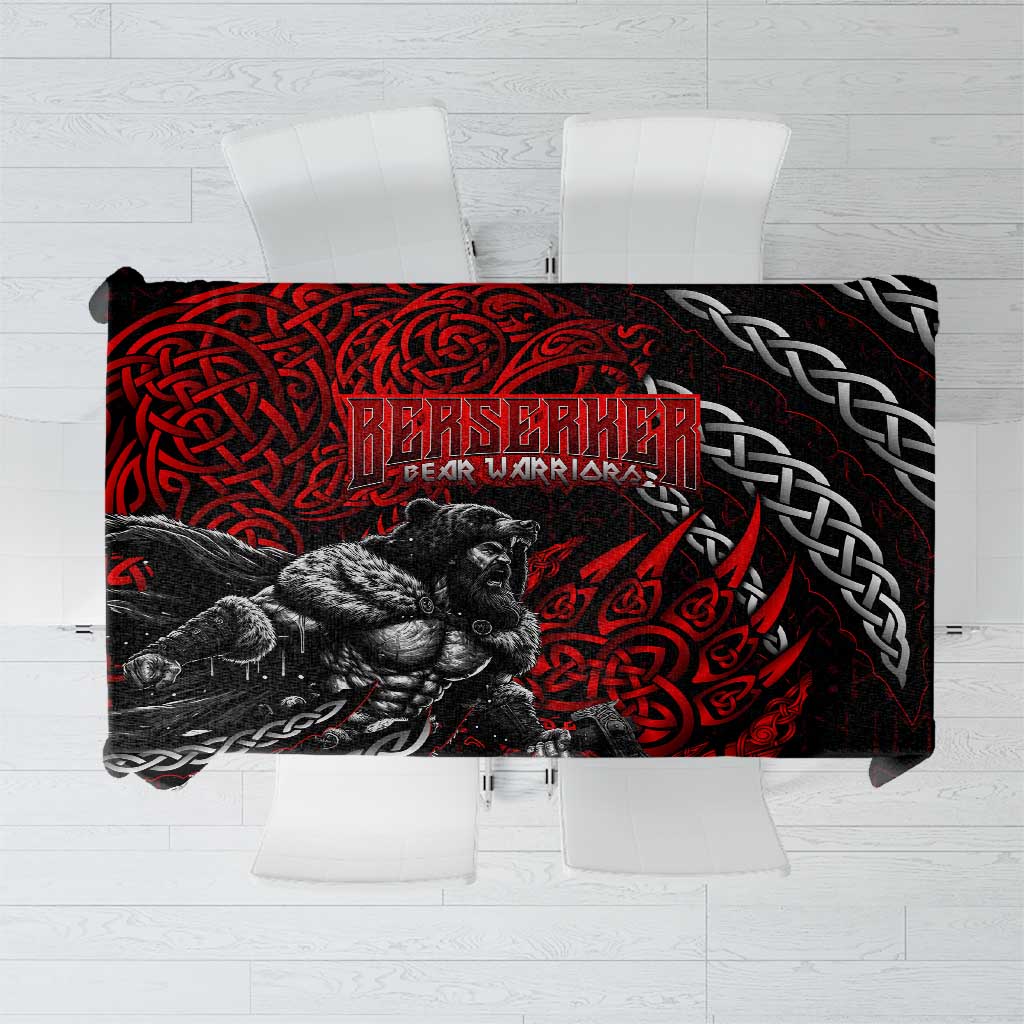 Black tablecloth with red runes and bear-warrior graphic, braided Viking knots.