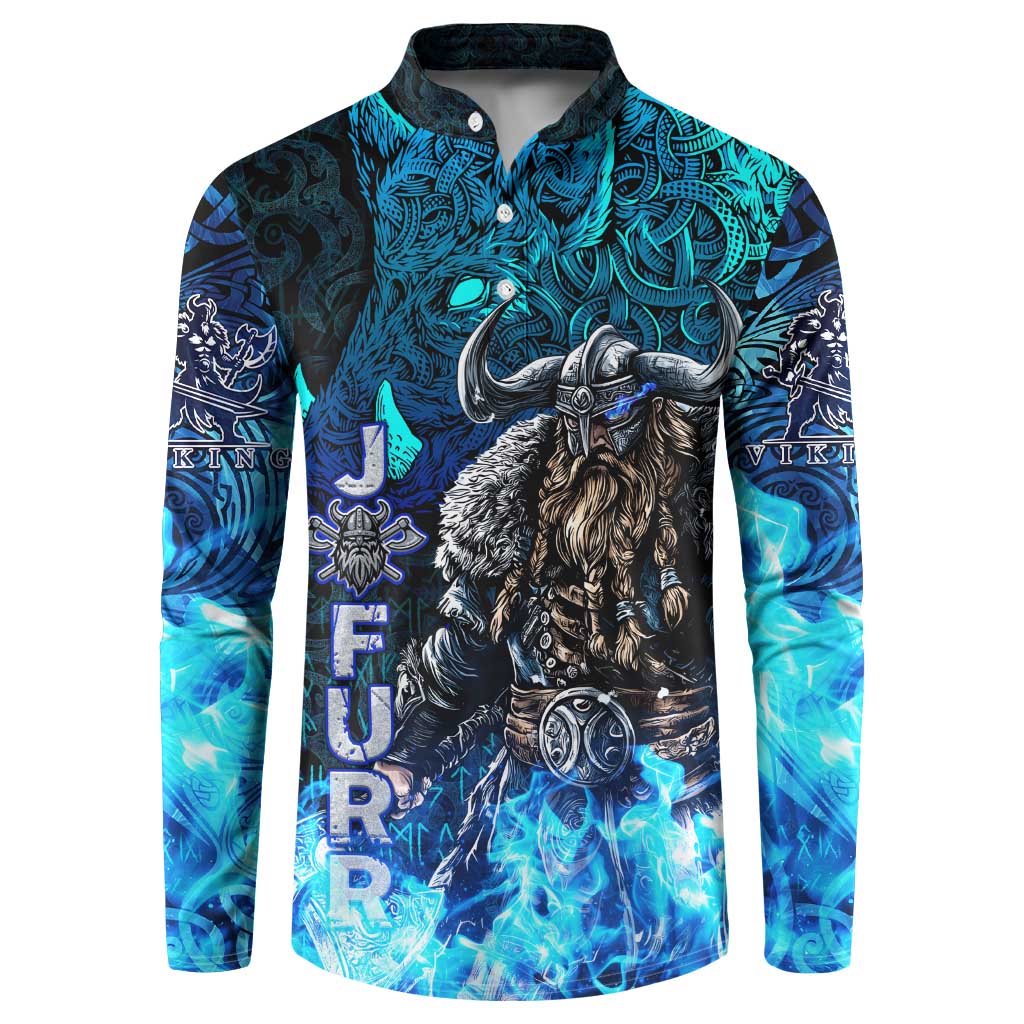 Jofurr Boar Warrior Viking Button Sweatshirt Frost Viking Runes Blue Flame
