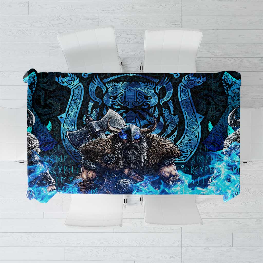 Blue Viking tablecloth with boar warrior illustration and teal rune-style motifs