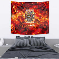 Firefighter dad tapestry showing red flames background with centered crest and text