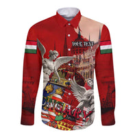 Red long-sleeve button shirt with angel graphic and multicolor emblem front