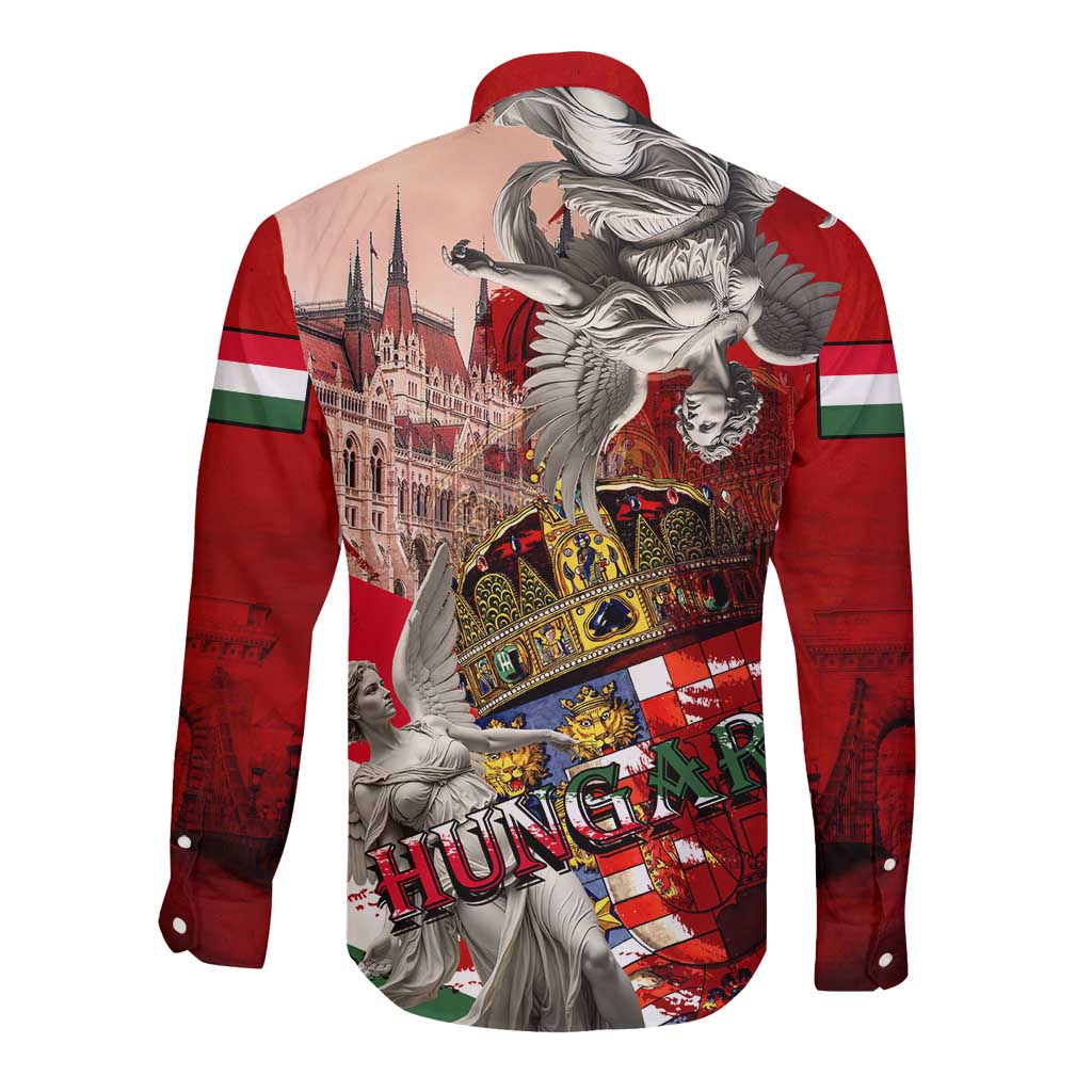 Red long-sleeve button shirt with large back angel crown graphic and flag stripes