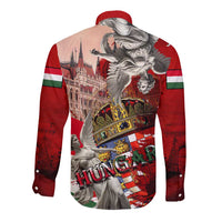 Red long-sleeve button shirt with large back angel crown graphic and flag stripes