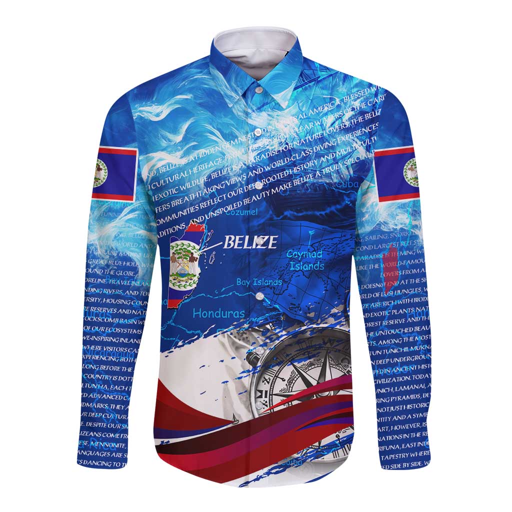 Belize One Flag One Heart Long Sleeve Button Shirt Caribbean Heartbeat - Where Compass Meets Culture
