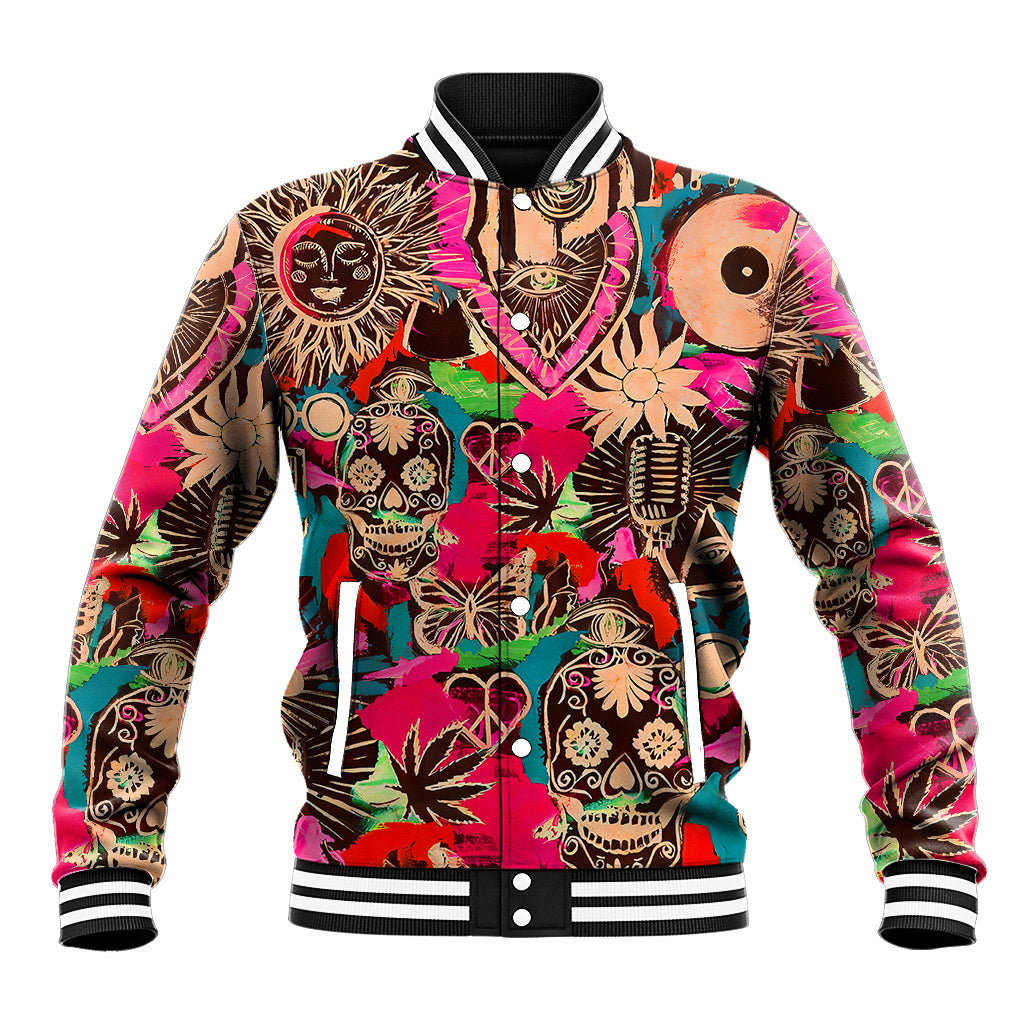Unisex skull-print varsity baseball jacket with striped ribbed collar and button front