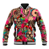 Unisex skull-print varsity baseball jacket with striped ribbed collar and button front