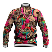 Unisex skull-print varsity baseball jacket, back view with striped ribbed hem cuffs