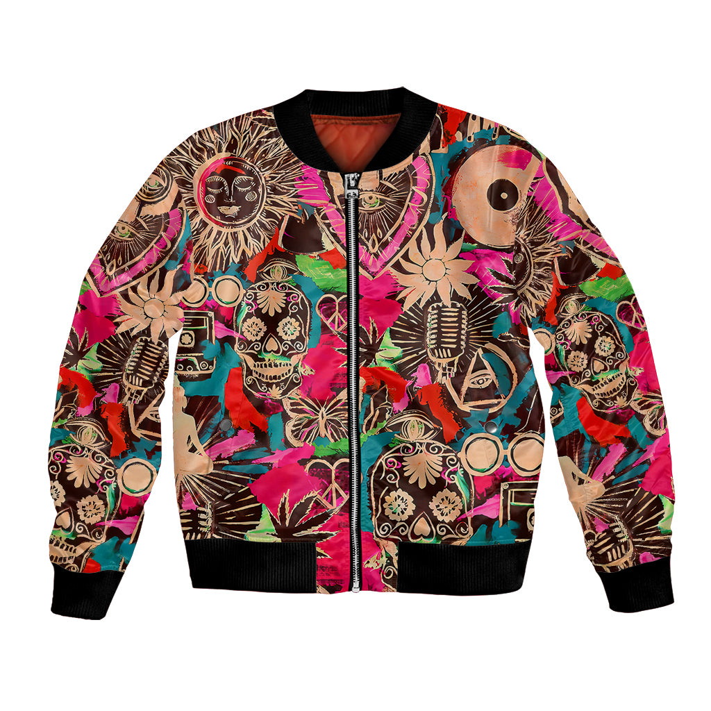Unisex bomber jacket with colorful skull and graphic art print, zip front, ribbed cuffs