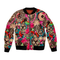Unisex bomber jacket with colorful skull and graphic art print, zip front, ribbed cuffs