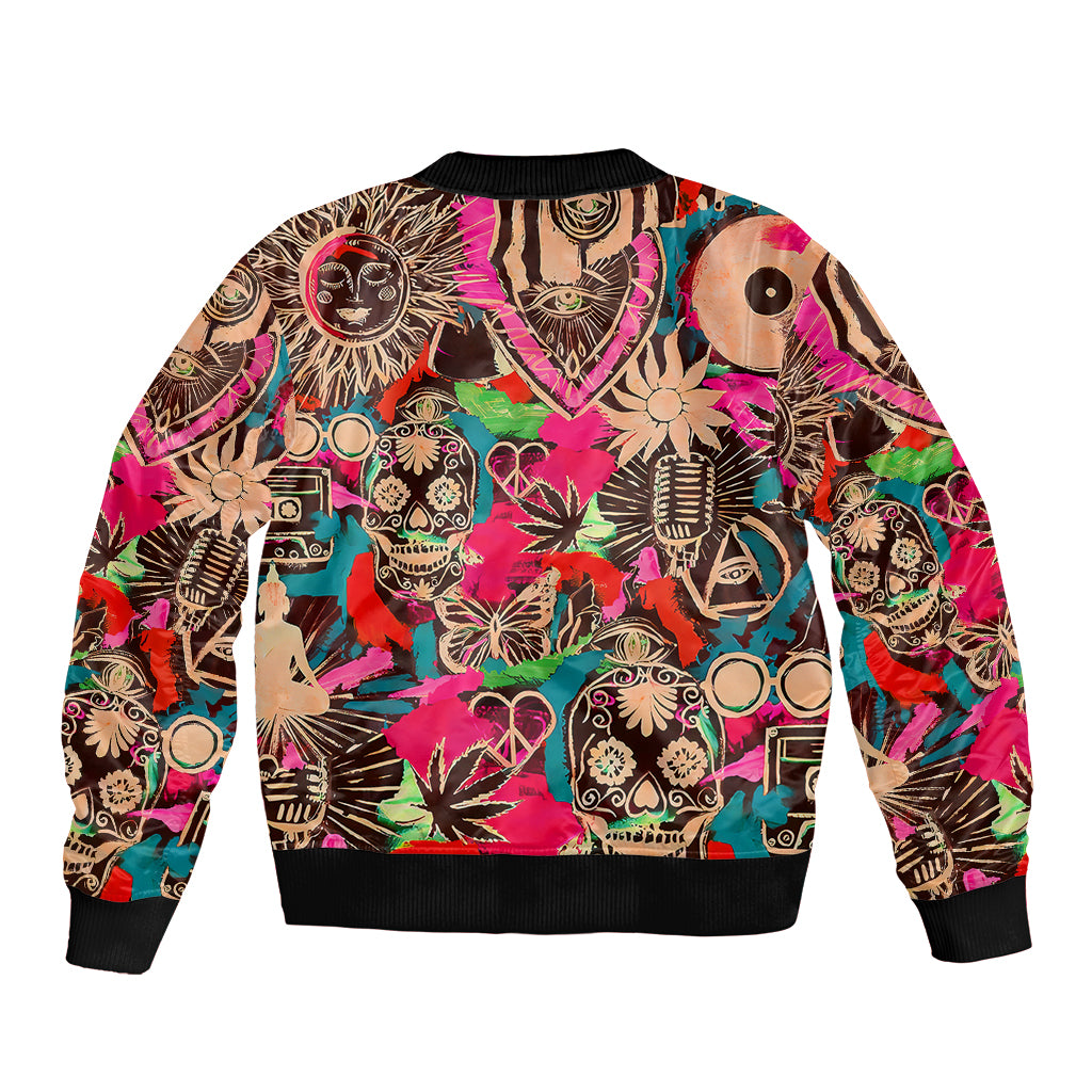 Unisex bomber jacket with colorful skull and graphic art print, ribbed collar and cuffs