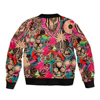 Unisex bomber jacket with colorful skull and graphic art print, ribbed collar and cuffs