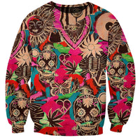 Unisex skull graphic sweatshirt with colorful neon hearts and tropical patterns.