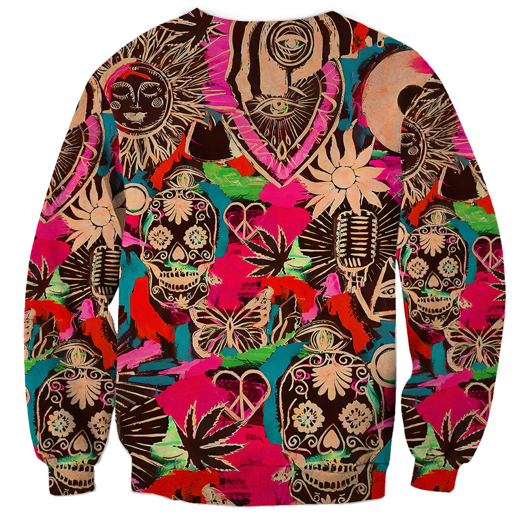 Unisex crewneck sweatshirt with all-over skull, eye, and heart collage print.