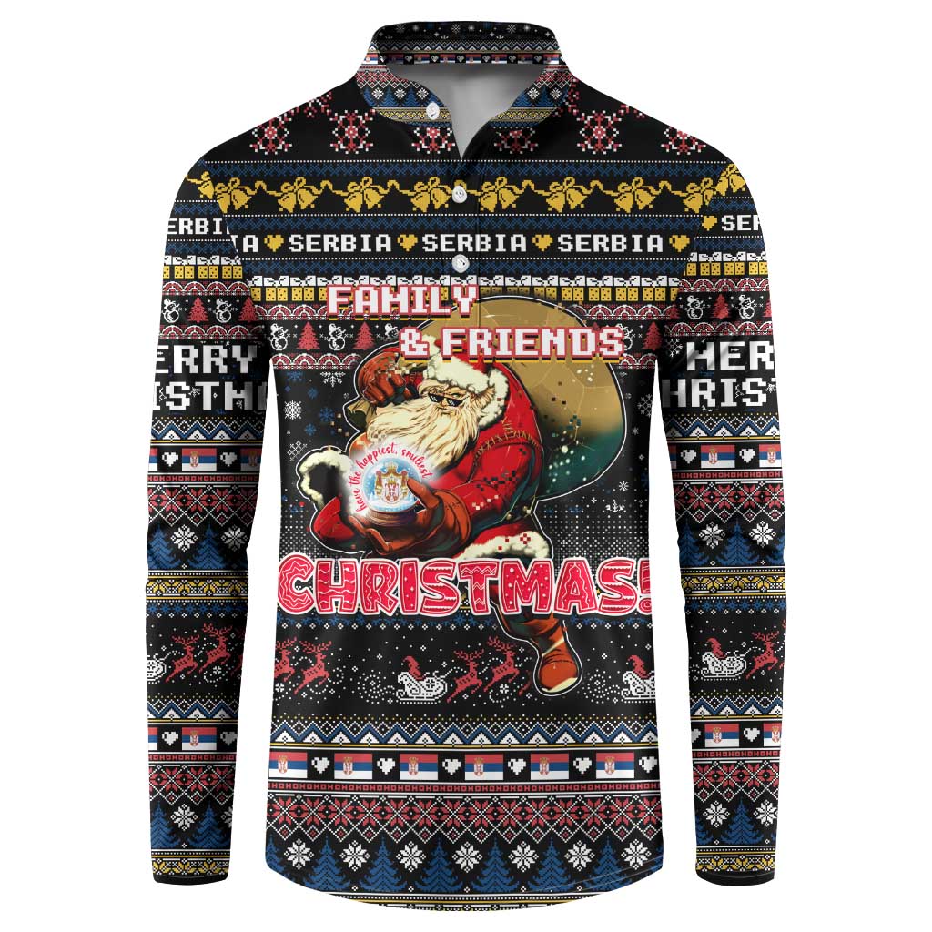 Black button-front sweatshirt with festive 'Christmas' graphic and patterned trim