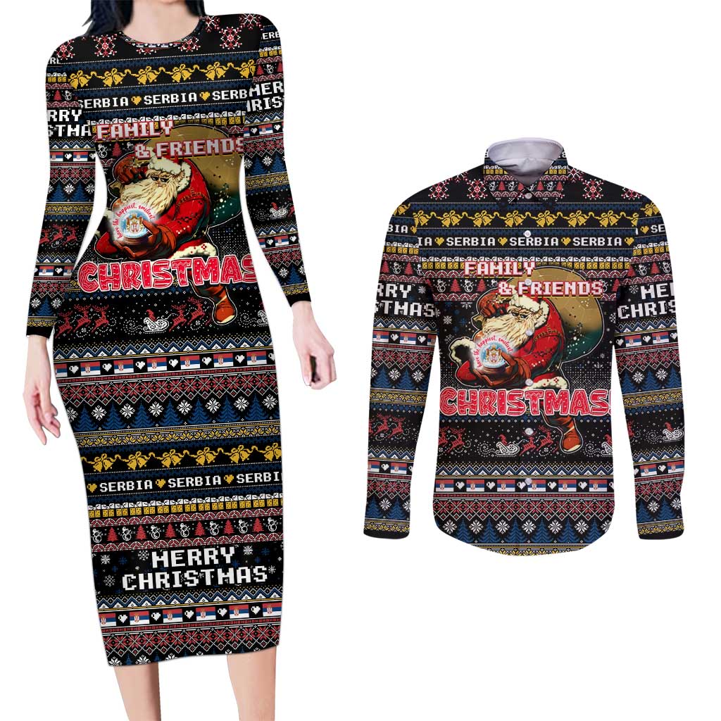 Serbia Couples Matching Long Sleeve Bodycon Dress and Long Sleeve Button Shirt Merry Christmas Family and Friends - Wonder Print Shop