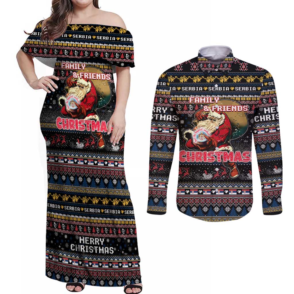 Serbia Couples Matching Off Shoulder Maxi Dress and Long Sleeve Button Shirt Merry Christmas Family and Friends - Wonder Print Shop