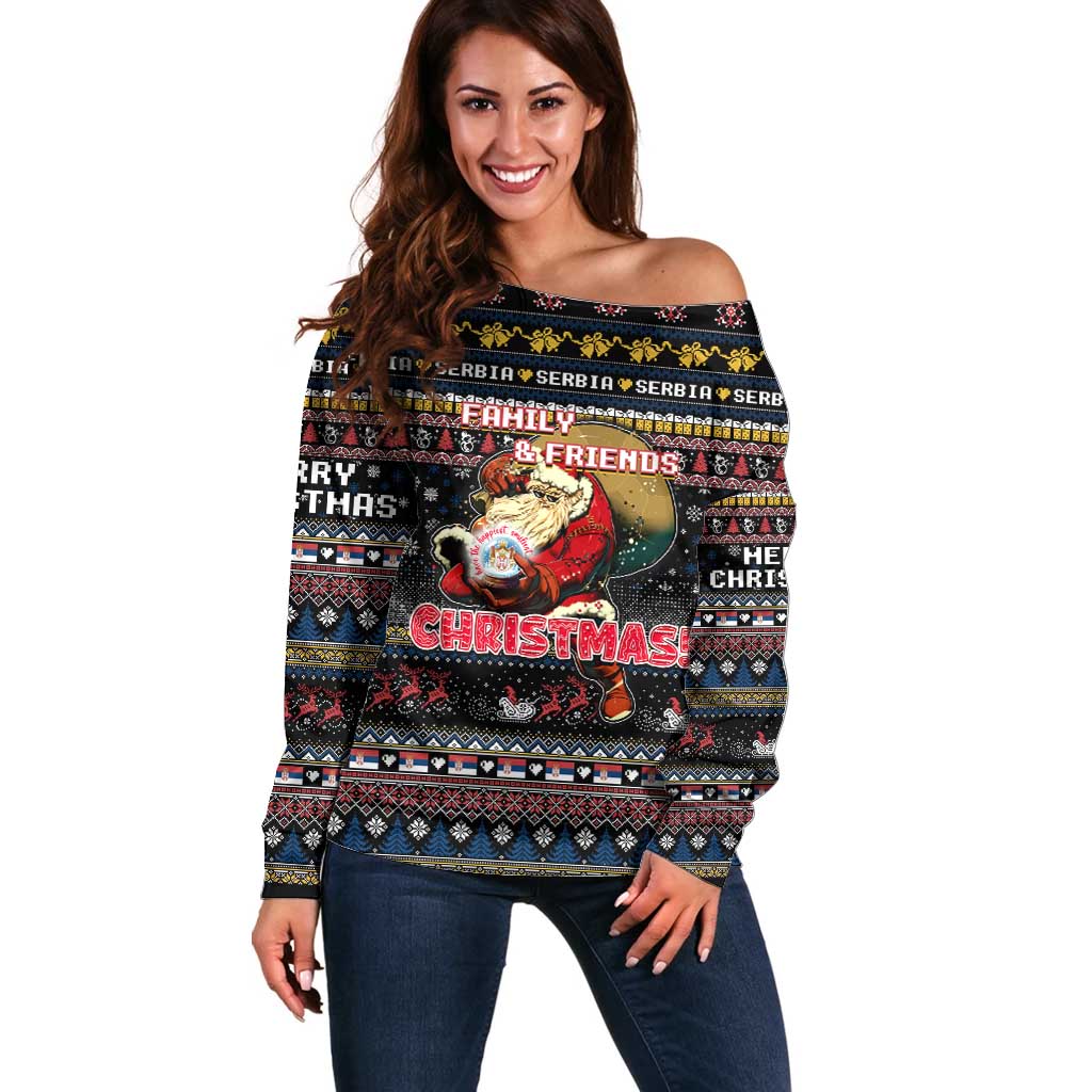 Serbia Off Shoulder Sweater Merry Christmas Family and Friends - Wonder Print Shop