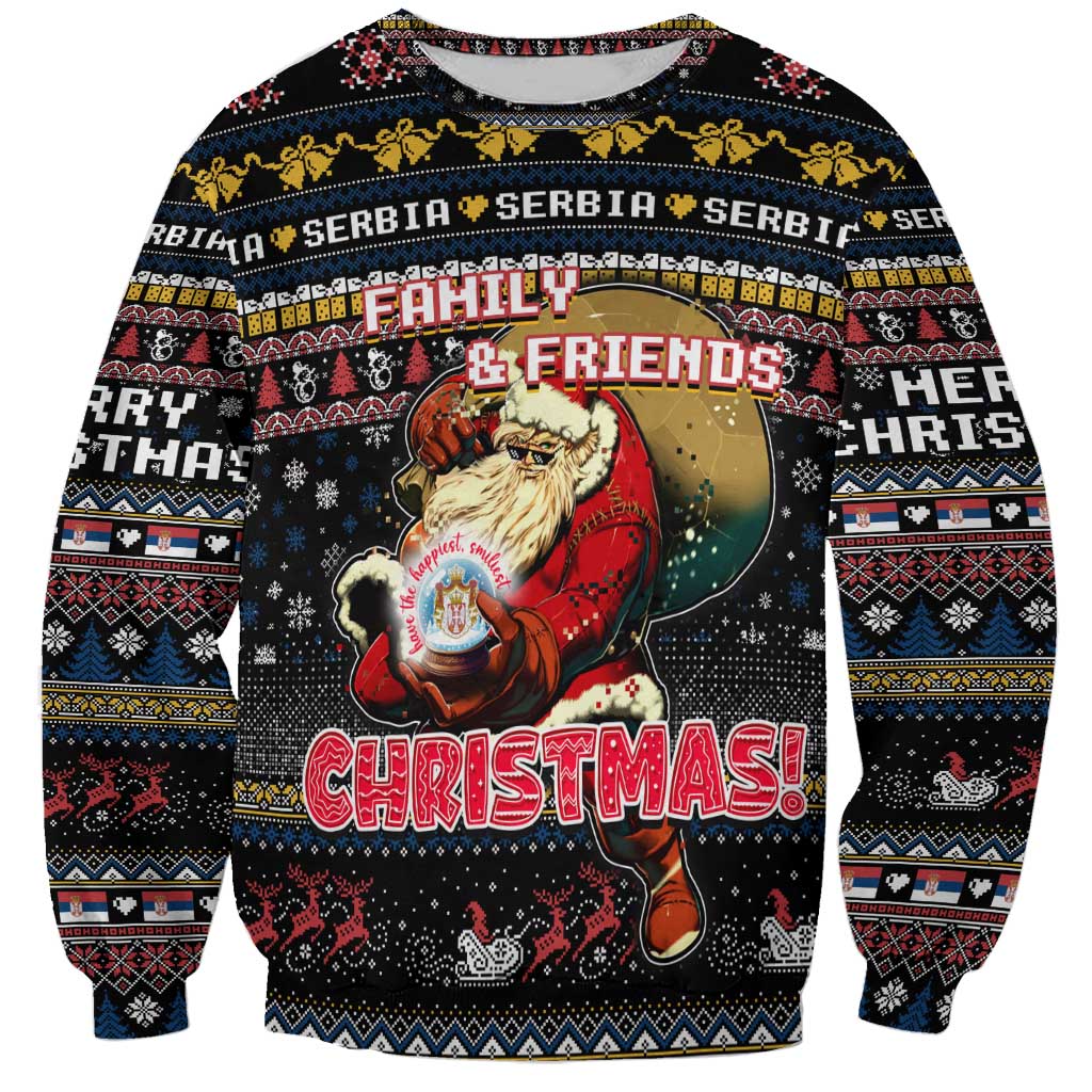 Black crewneck sweatshirt with colorful Christmas Family & Friends graphic, long sleeves