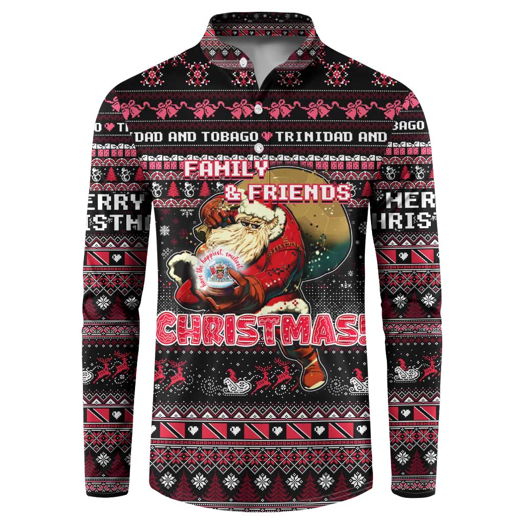 Black button-up sweatshirt with red and white Christmas Santa graphic, long sleeves