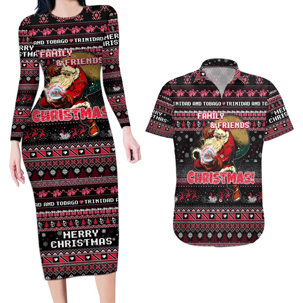 Trinidad and Tobago Couples Matching Long Sleeve Bodycon Dress and Hawaiian Shirt Merry Christmas Family and Friends - Wonder Print Shop