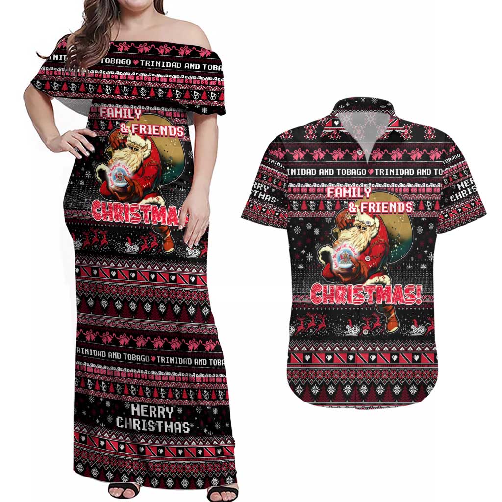 Trinidad and Tobago Couples Matching Off Shoulder Maxi Dress and Hawaiian Shirt Merry Christmas Family and Friends - Wonder Print Shop