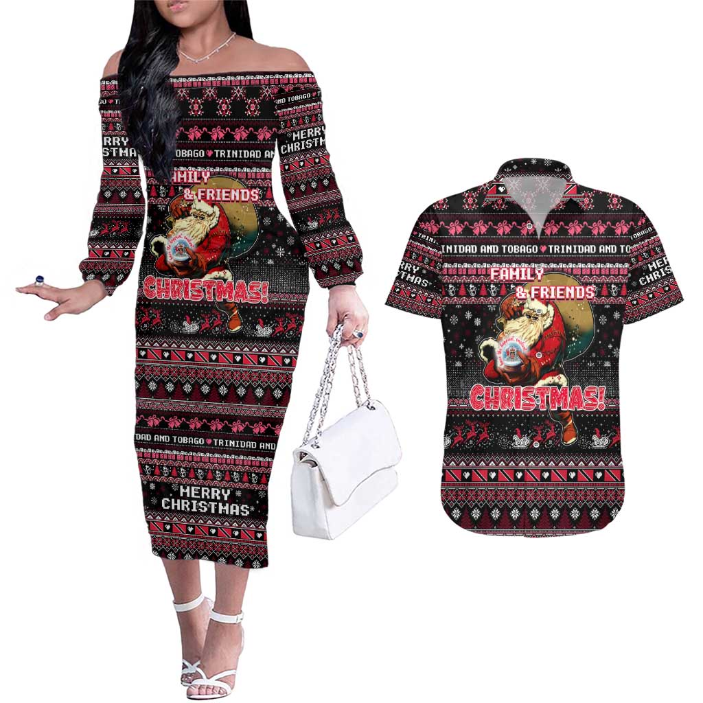 Trinidad and Tobago Couples Matching Off The Shoulder Long Sleeve Dress and Hawaiian Shirt Merry Christmas Family and Friends - Wonder Print Shop