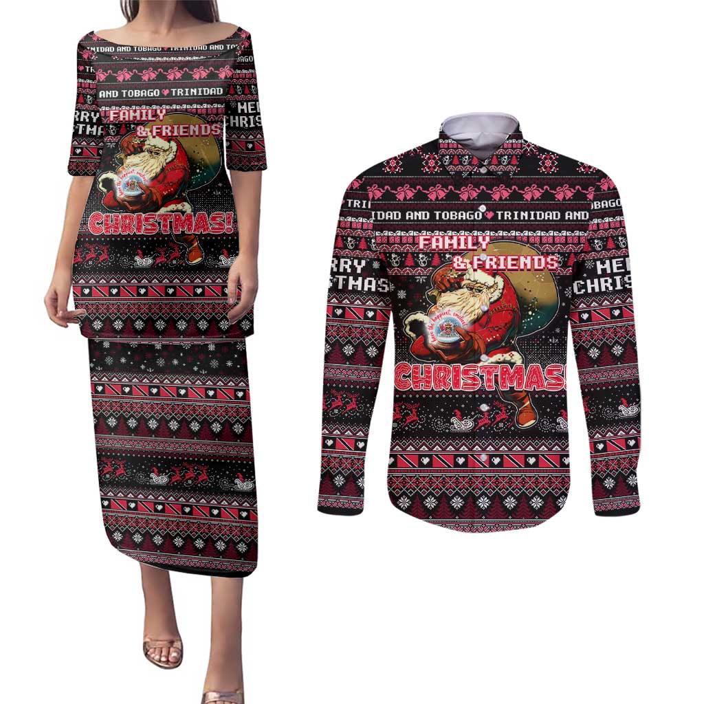 Trinidad and Tobago Couples Matching Puletasi and Long Sleeve Button Shirt Merry Christmas Family and Friends - Wonder Print Shop