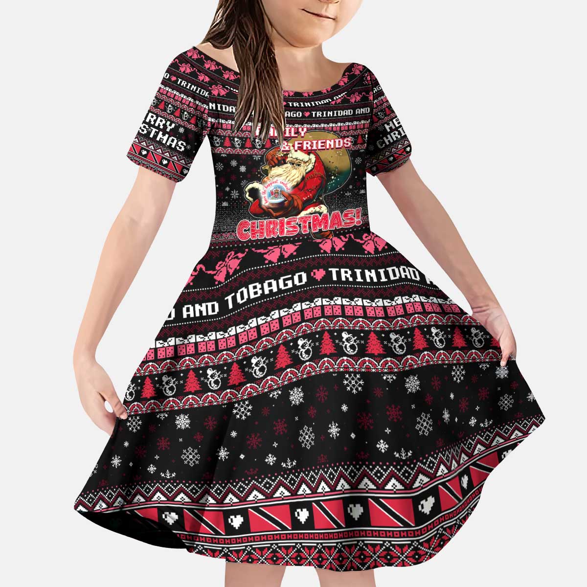 Trinidad and Tobago Kid Short Sleeve Dress Merry Christmas Family and Friends - Wonder Print Shop