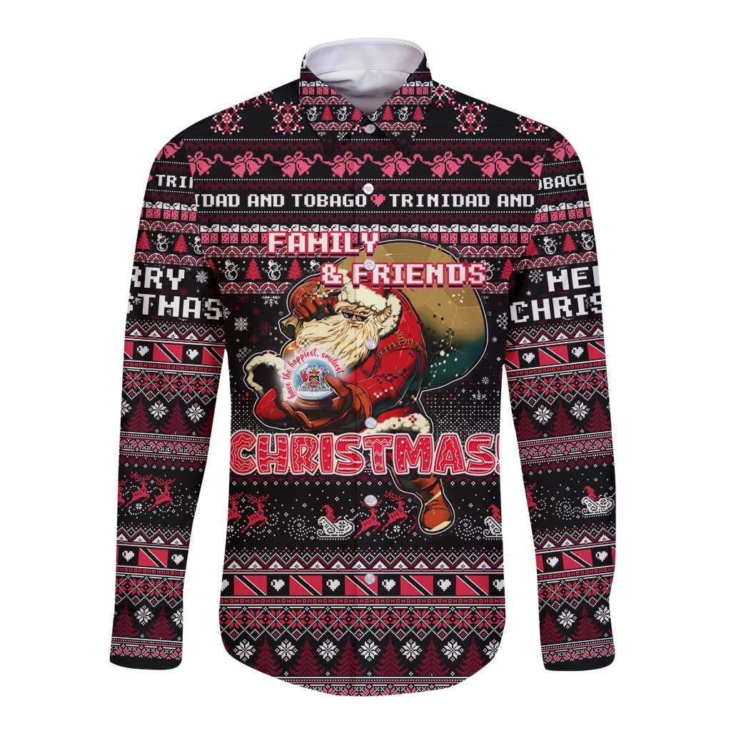 Black long sleeve button-up shirt with colorful Christmas family & friends graphic
