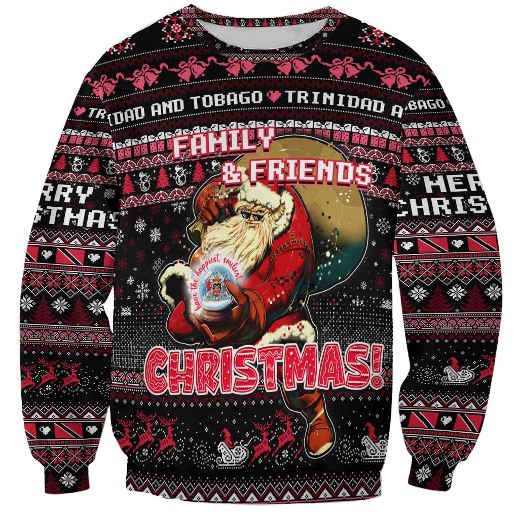Black Christmas sweatshirt with red graphics, family and friends text, long sleeves