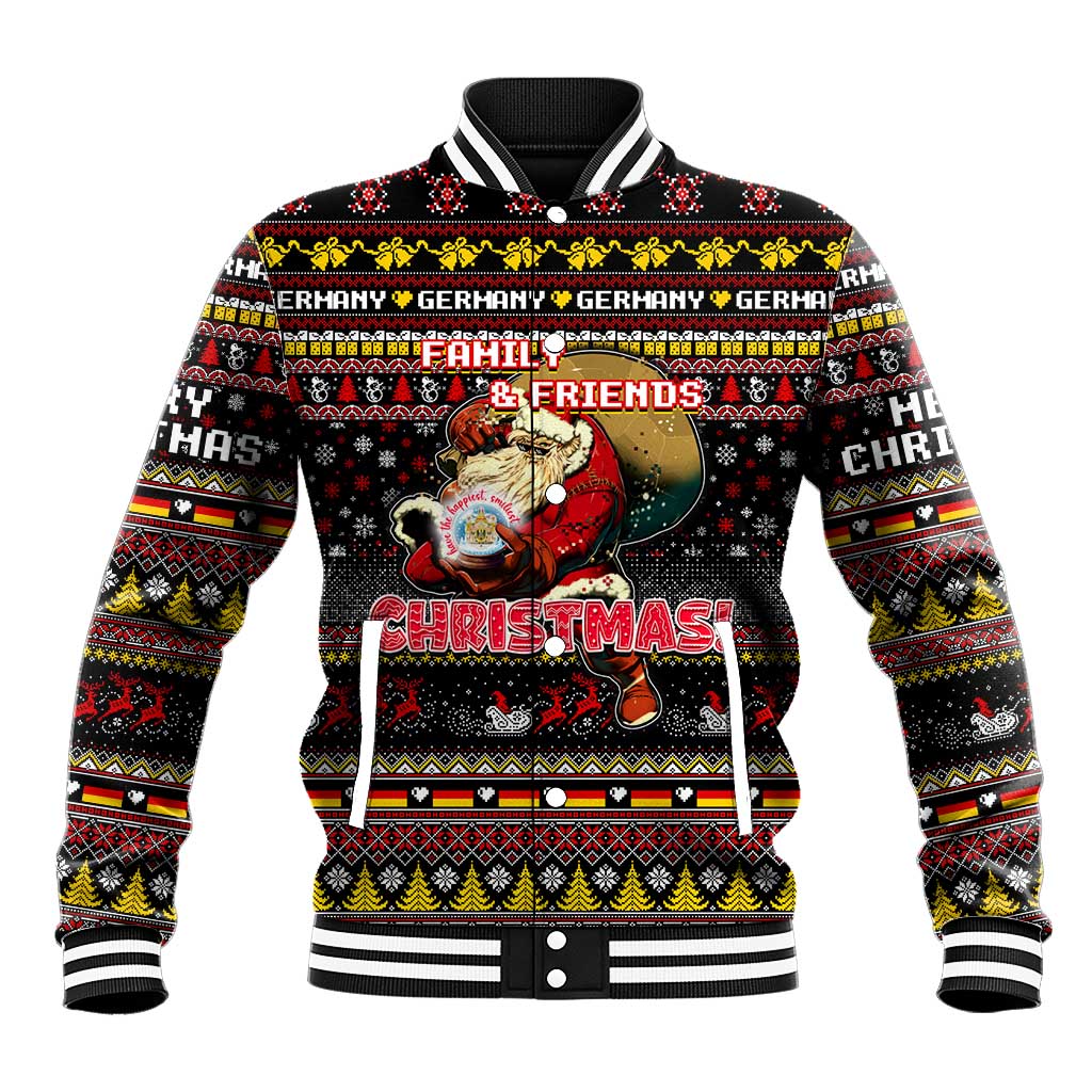 Black unisex baseball jacket with striped ribbed collar and festive holiday graphic front
