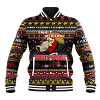 Black unisex baseball jacket with striped ribbed collar and festive holiday graphic front