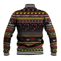 Black unisex baseball jacket with striped ribbed hem and full back holiday pattern