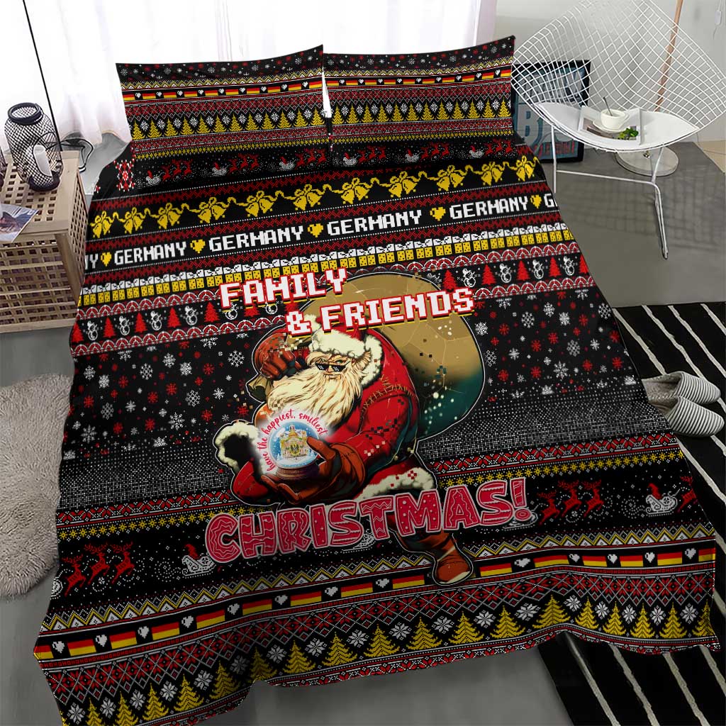 Black Christmas bedding set with “Family & Friends” and Santa graphic, festive border pattern