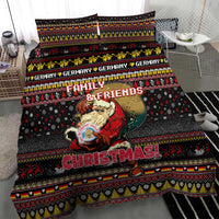 Black Christmas bedding set with “Family & Friends” and Santa graphic, festive border pattern