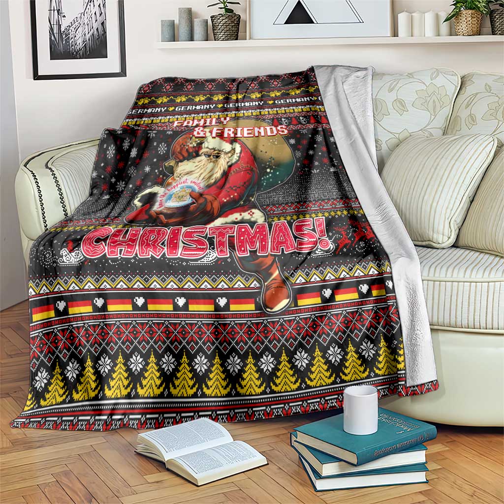 Black Christmas blanket with Santa, Family & Friends, and decorative fair-isle border