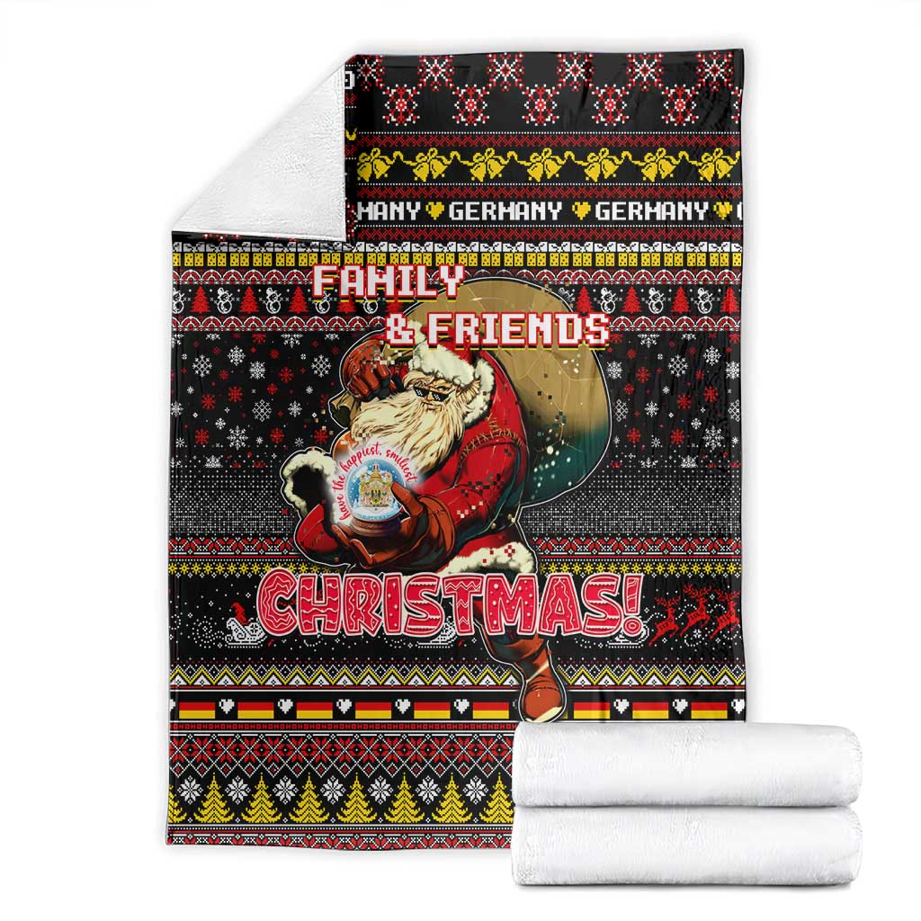 Black Christmas blanket with rolled edge, Santa holding a mug and Family & Friends