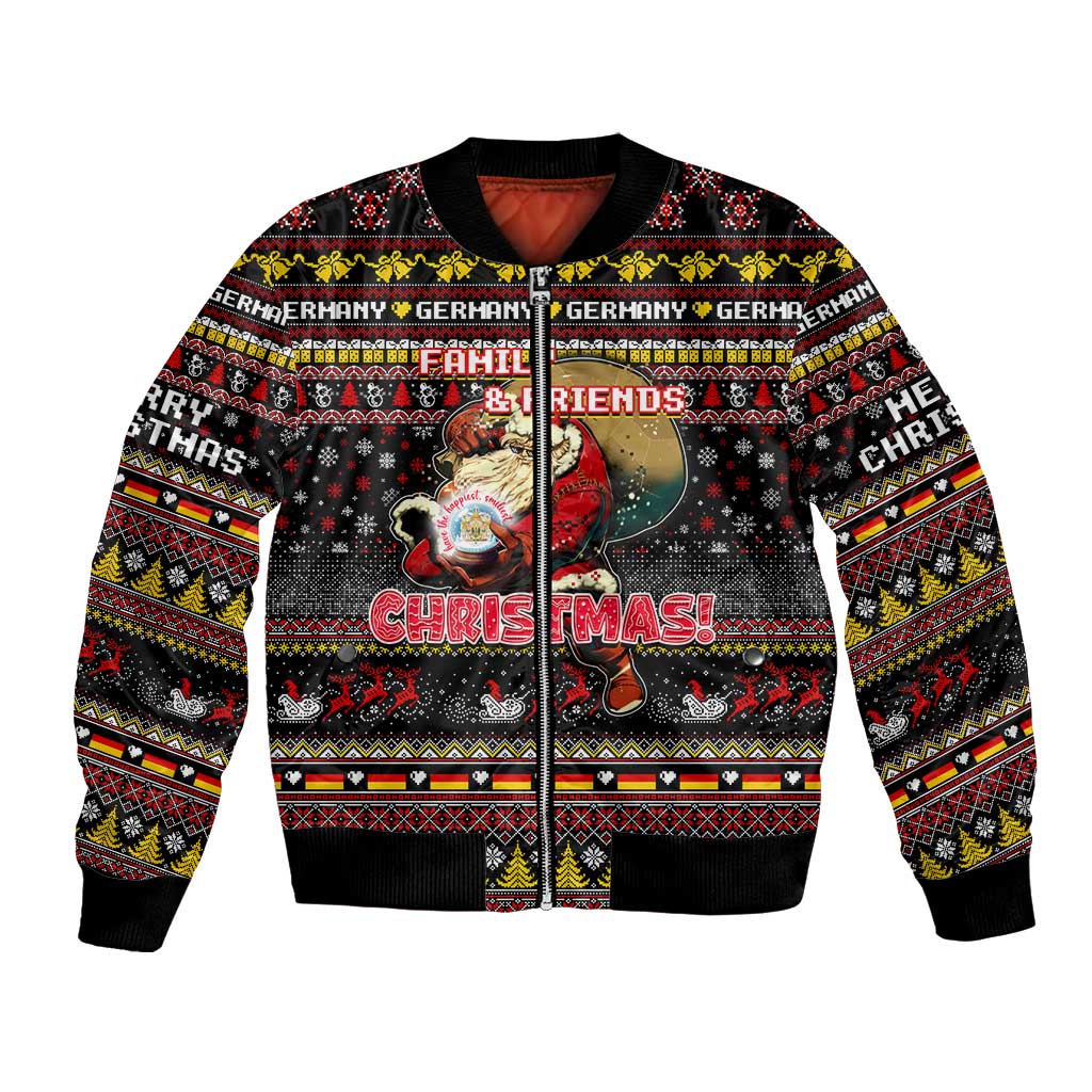 Unisex black bomber jacket with full-zip front and colorful holiday graphic print