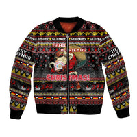 Unisex black bomber jacket with full-zip front and colorful holiday graphic print
